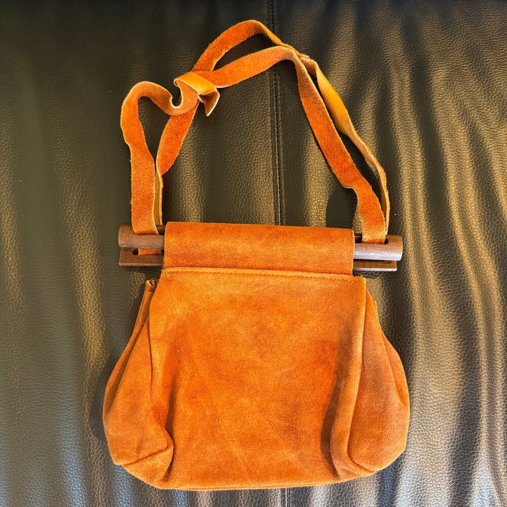 Vintage 1970s Burnt Orange Suede Purse Boho Chic Unique Wooden Top Hippie Art